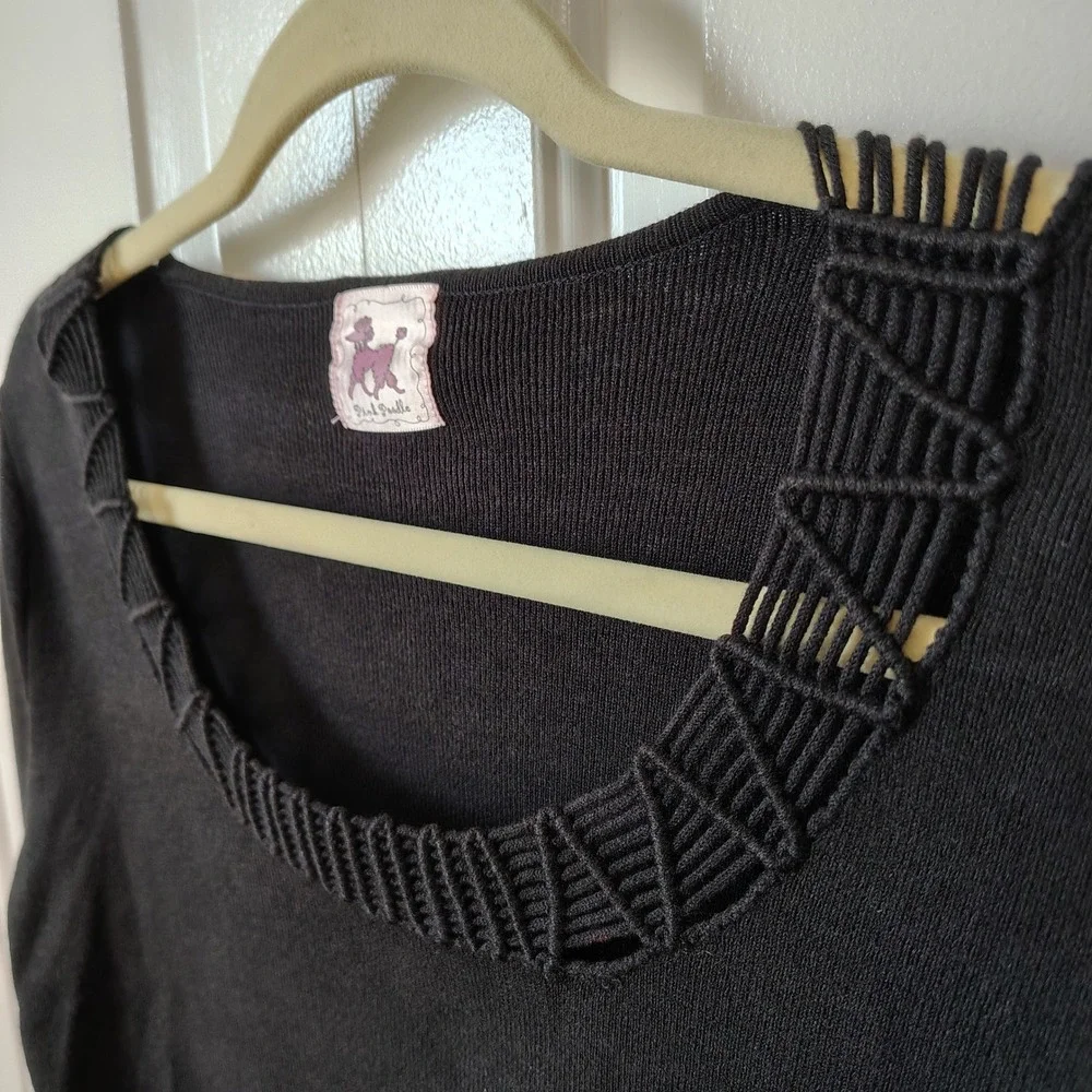 Vintage‎ Pink Poodle Womens Top Black Knit Rope Detail Long Sleeve Trendy